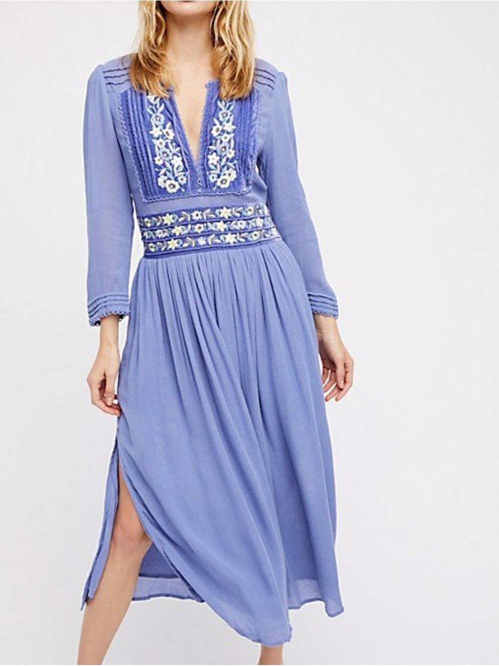 NWT Free People Large Flora Blue Embroidered Velvet Trim Midi Dress